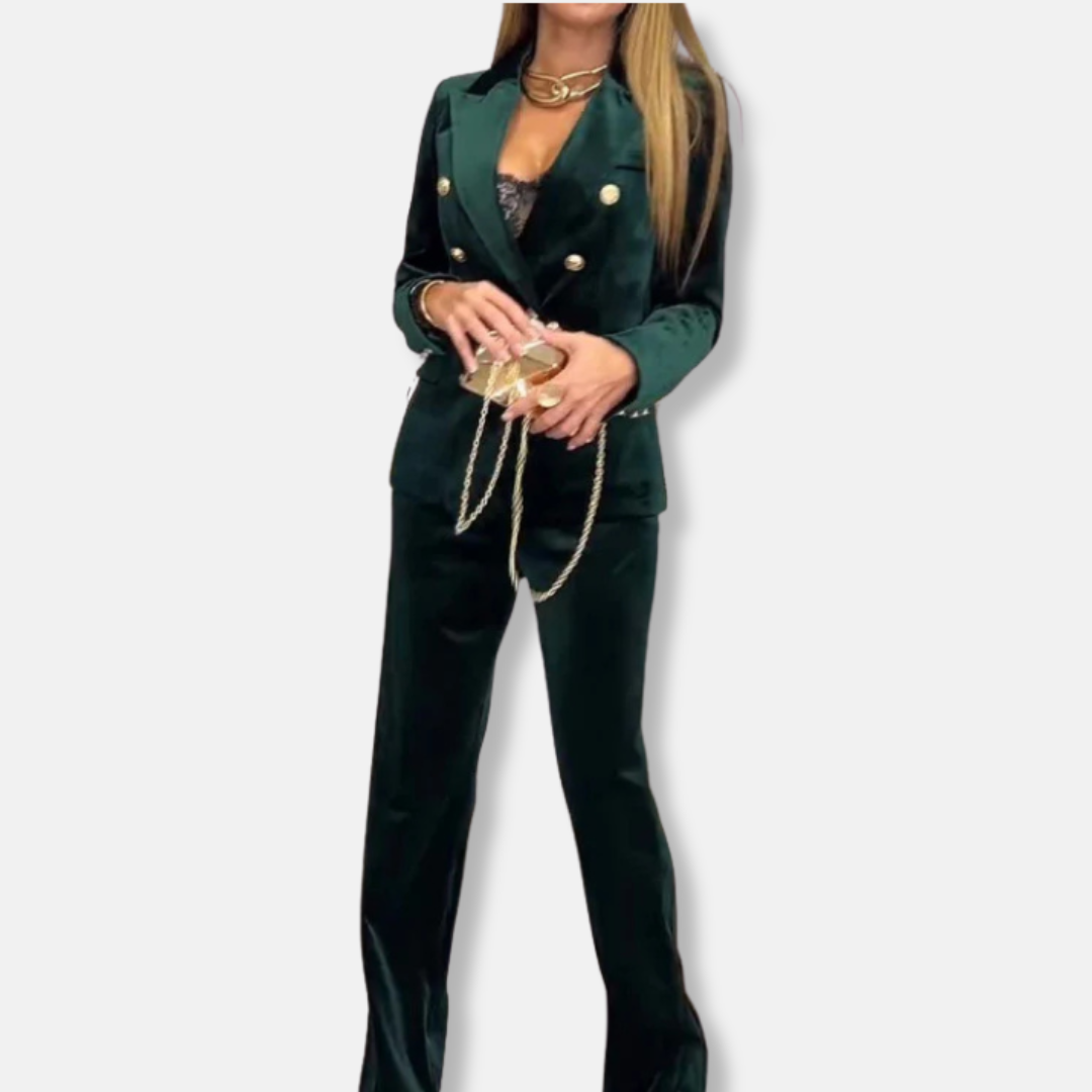 Women's velvet two-piece set tailored blazer wide leg trousers plush texture winter elegance