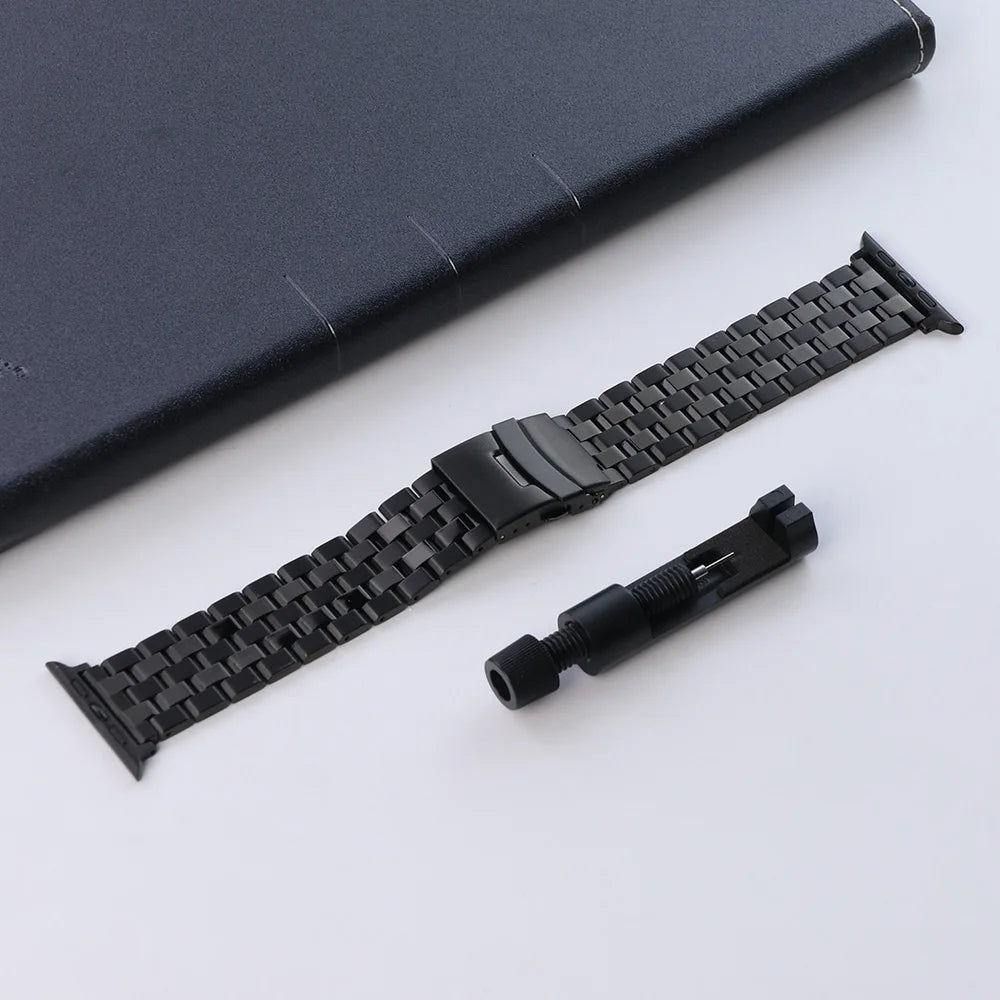 Stainless steel Apple Watch band brushed polished multi-link design butterfly clasp everyday wear
