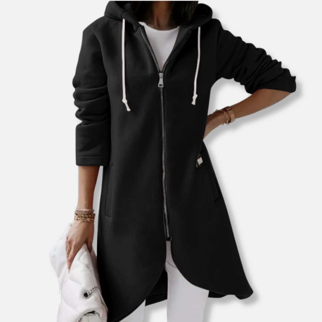 Women's relaxed fit mid-length sweatshirt jacket with drawstring hood and front zipper closure