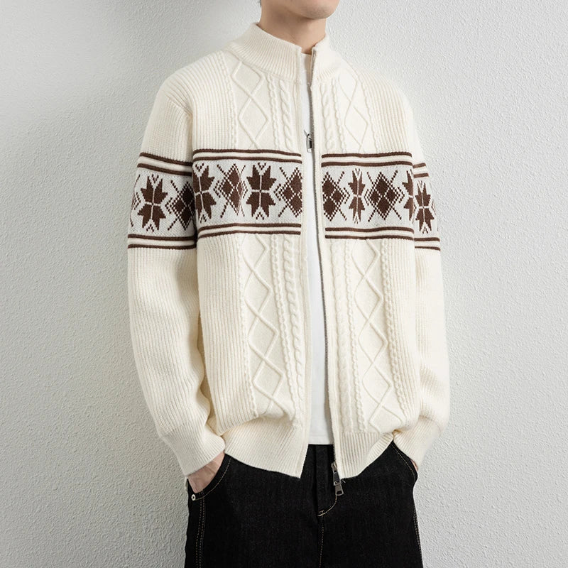 Cream heavyweight cable-knit unisex zip cardigan with Nordic jacquard panels and stand collar