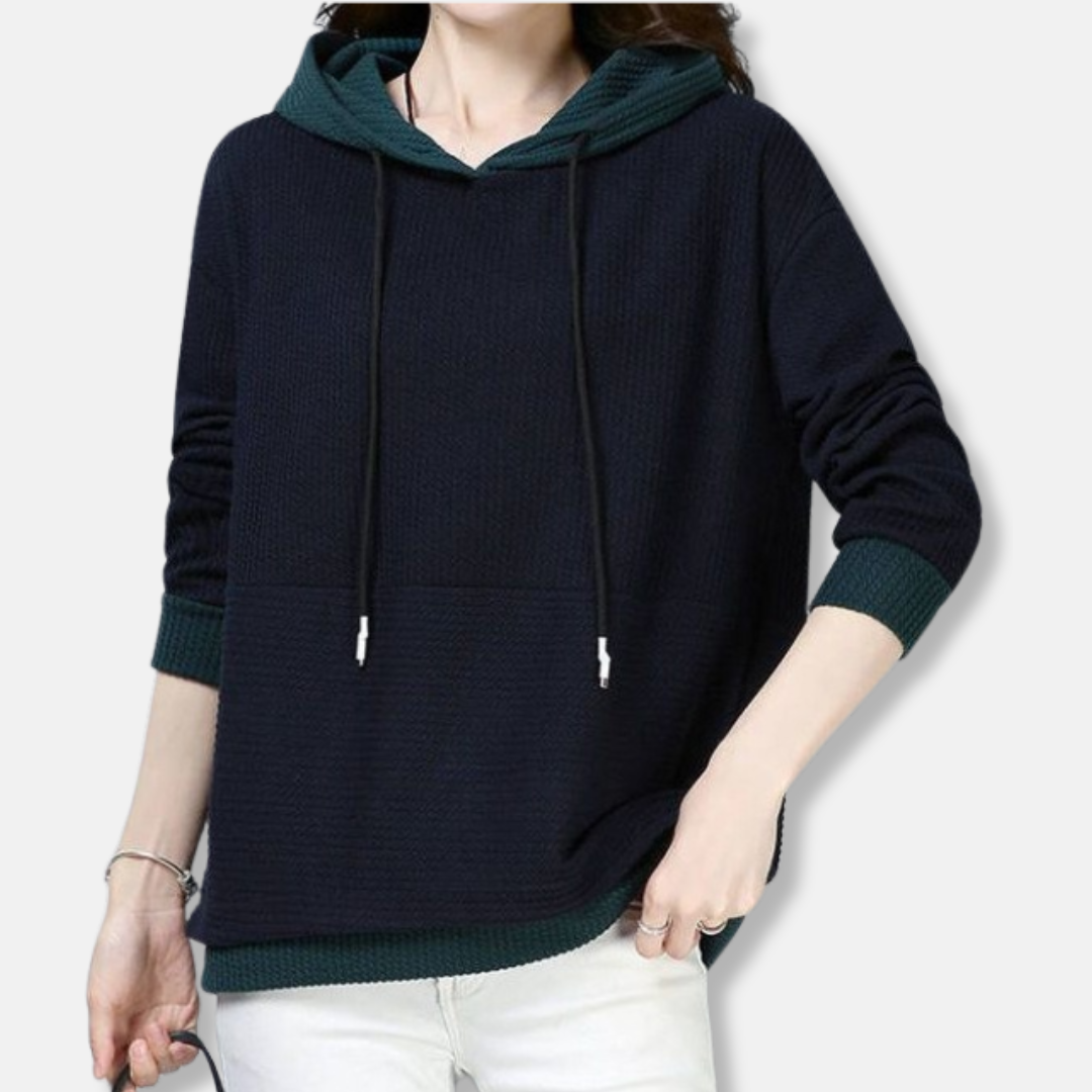 Women's loose fit knit hooded sweatshirt tunic length adjustable hood textured fabric