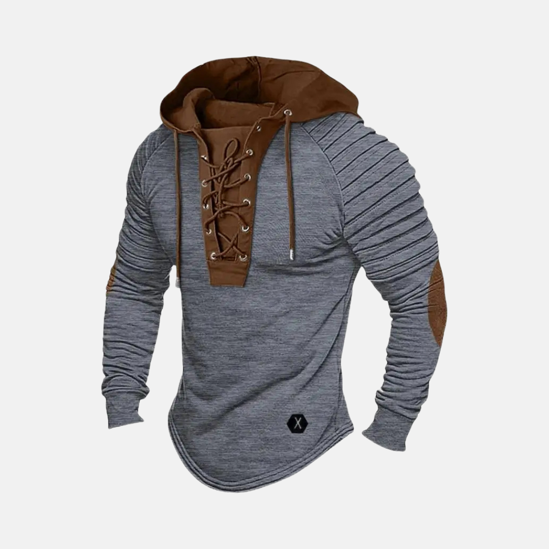 Men's slim fit hoodie with lace-up neck placket, ribbed sleeves, hip-length urban style