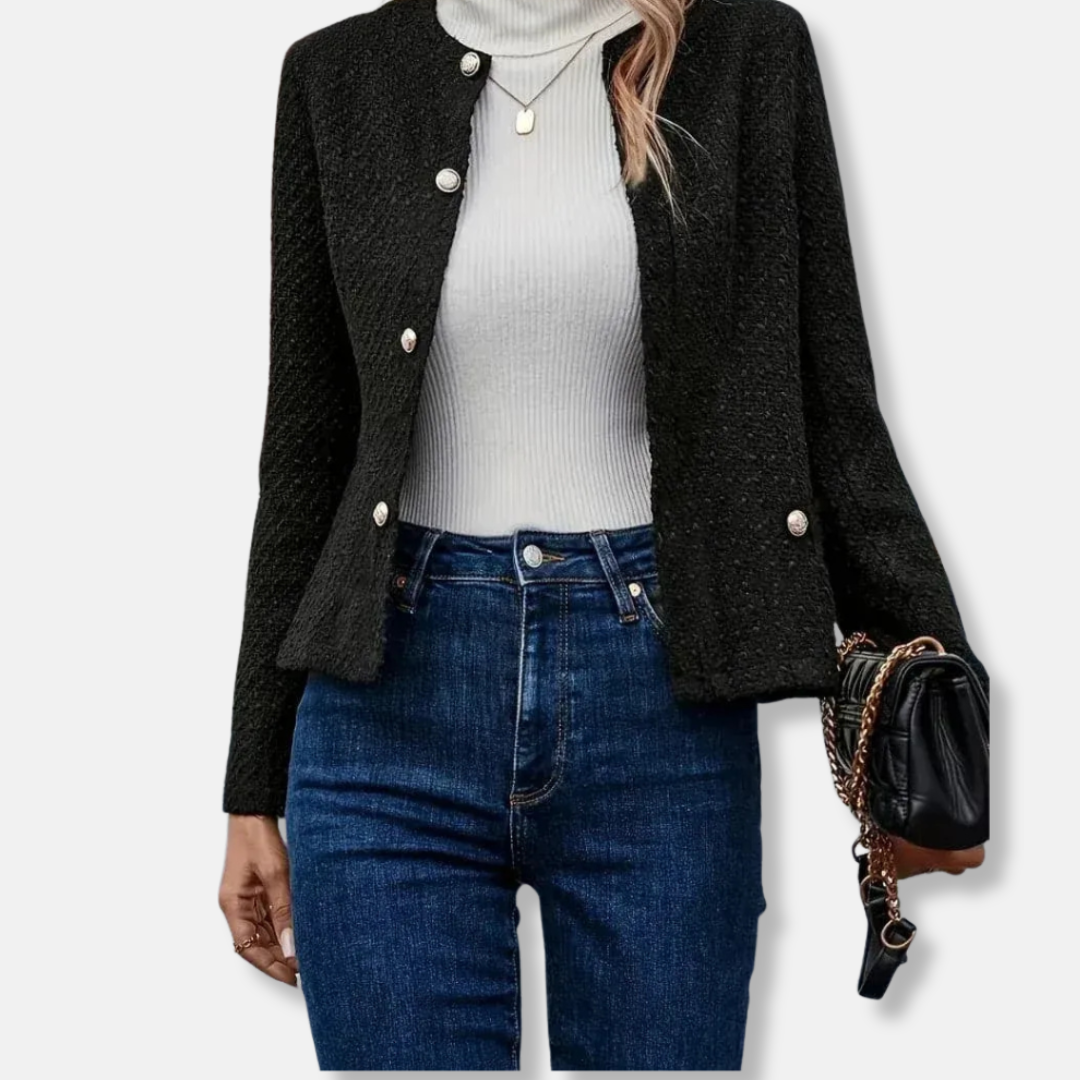 Women's ivory tweed tailored jacket round neck button-front hip-length wool blend chic silhouette