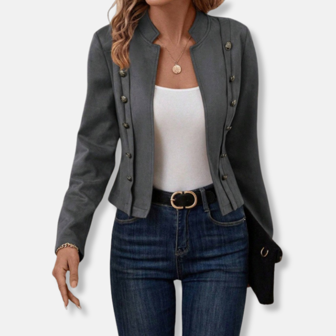 Women's tailored fit blazer jacket with band collar, decorative buttons, elegant everyday chic style