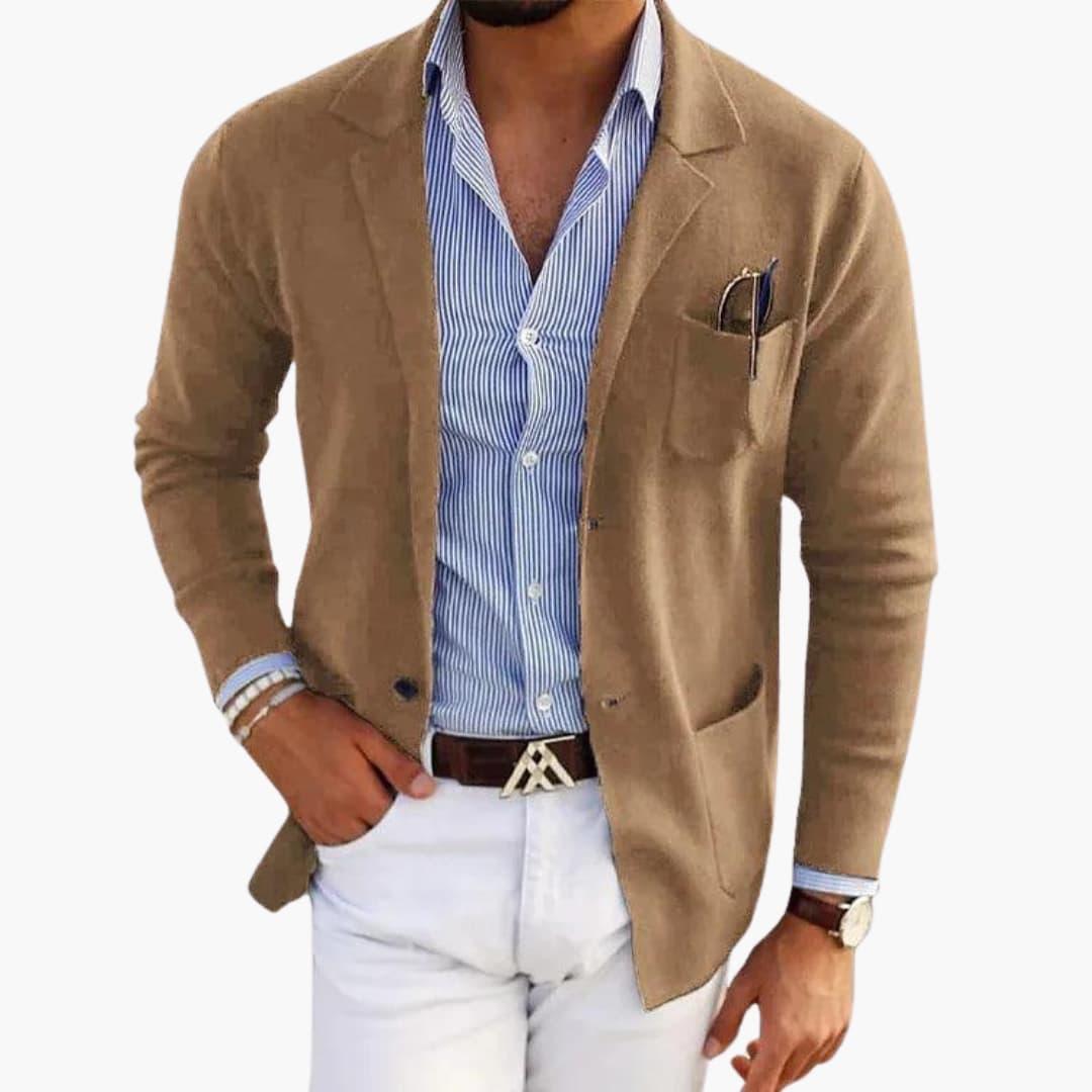 Men's navy knit blazer lapel collar slim fit front button closure smart casual office wear
