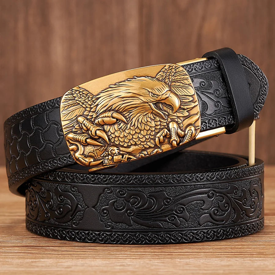 Men's genuine leather belt brown embossed strap bold masculine sculpted eagle metal buckle