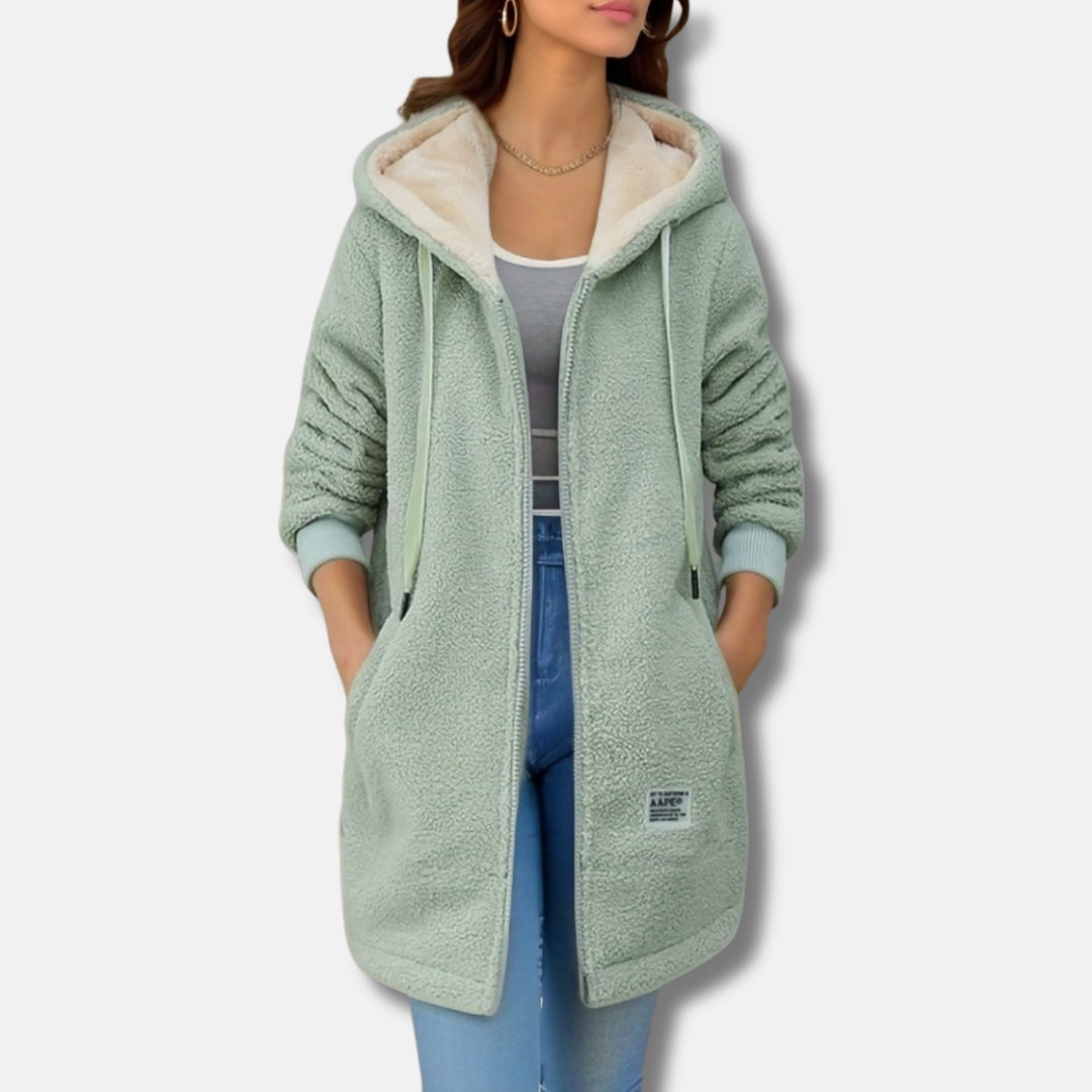 Women's oversized plush faux lambskin hooded coat mid-length with zipper front closure