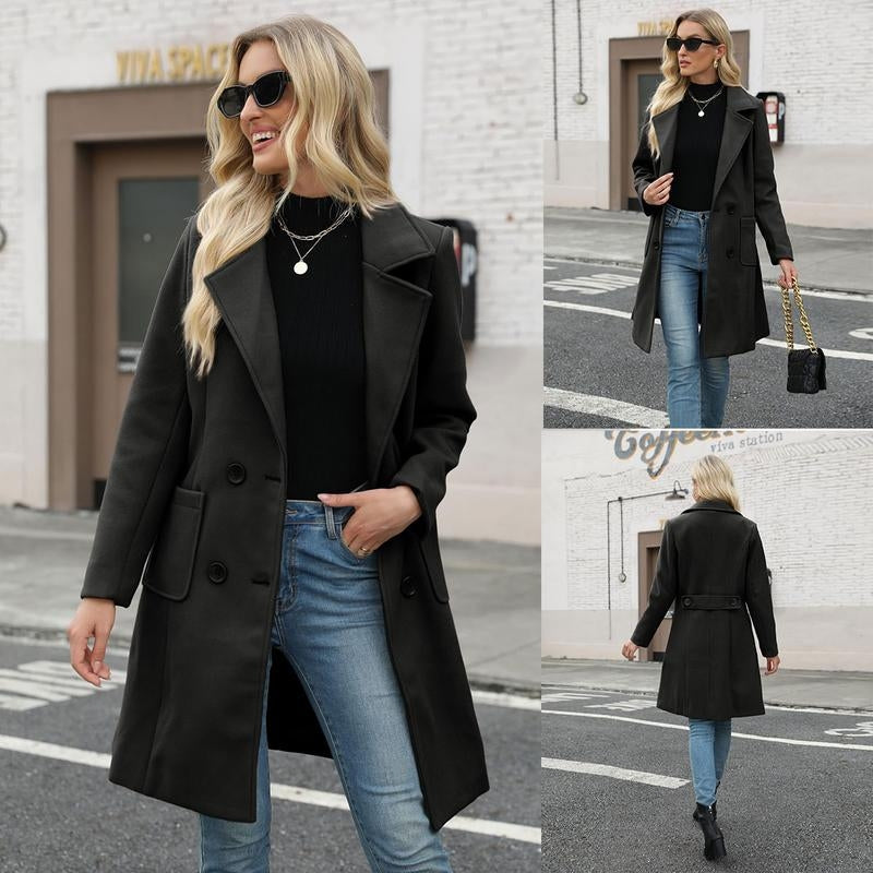 Women's camel wool-blend double-breasted mid-length coat with clean tailored silhouette
