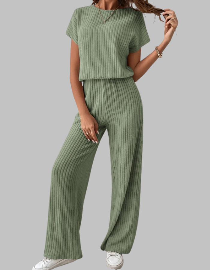 Nora | Women's Ribbed Two Piece Set Short Sleeve Top Wide Leg Pants