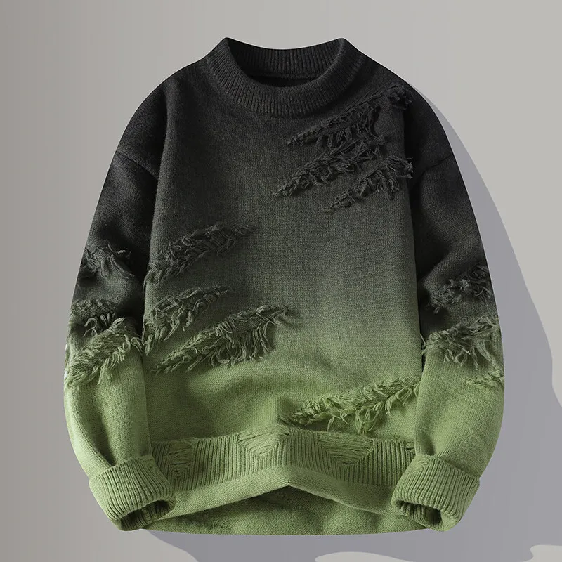 Men's distressed pullover sweatshirt gray ombre gradient relaxed fit heavyweight ultra-soft knit raw edges