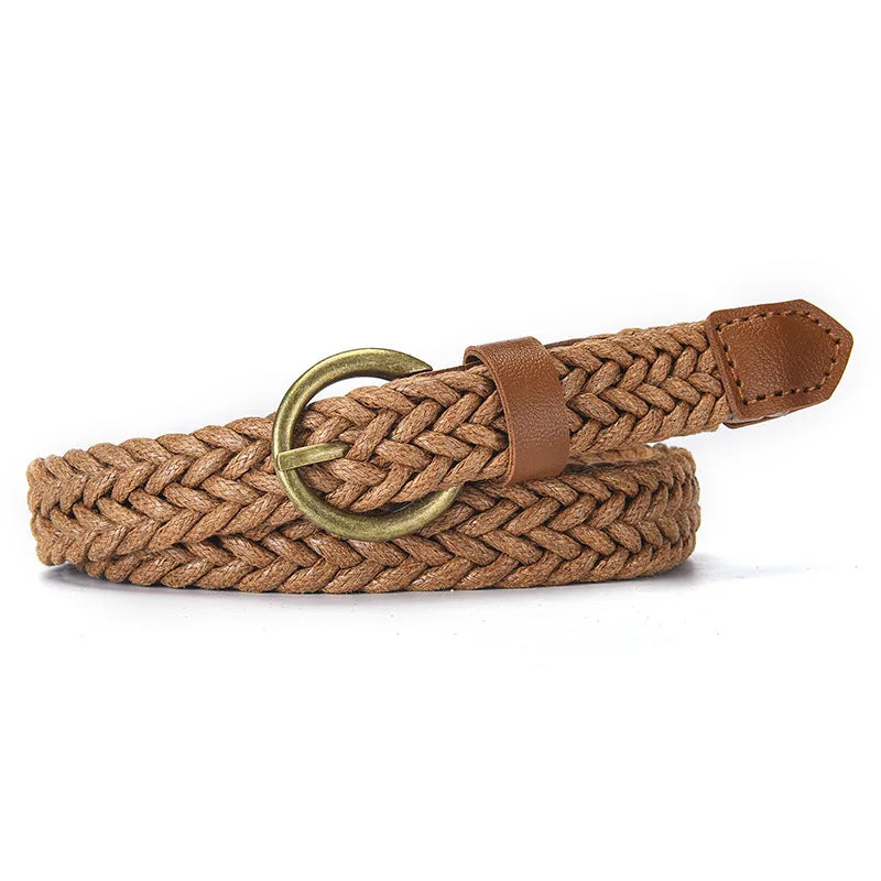 Milene unisex braided rope belt soft waxed texture vintage brass buckle no-holes casual formal