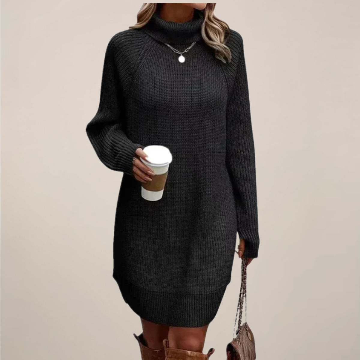 Women's chunky-knit turtleneck sweater dress with raglan sleeves and knee-skimming hem