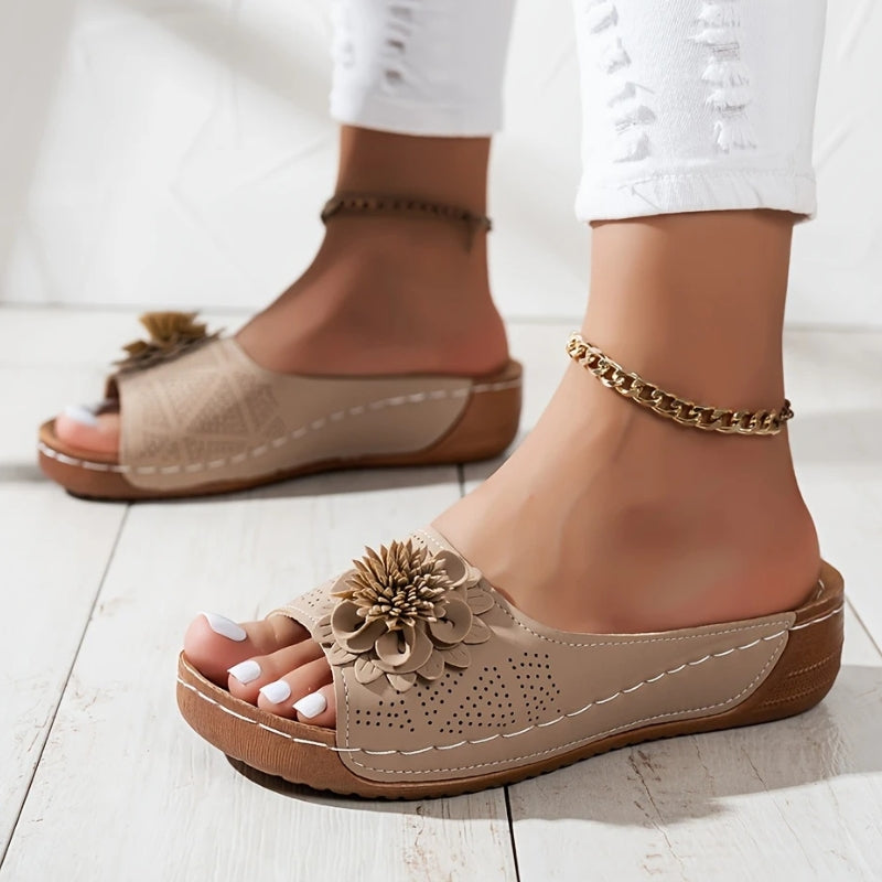 Flora | Women's Flower Wedge Sandals Slip On Open Toe Slides