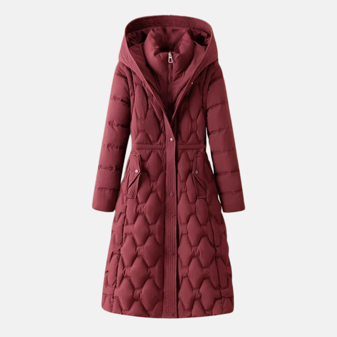 Women's long quilted jacket fitted waist hood padded insulation city winter coat