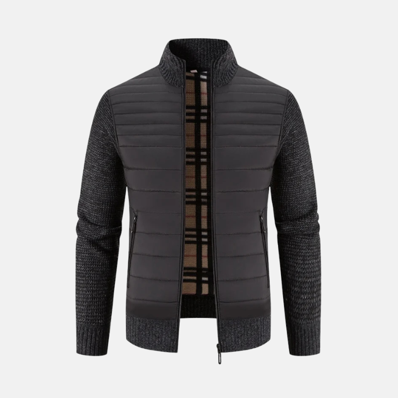 Men's slim fit hybrid padded jacket with ribbed knit sleeves, quilted torso, urban style