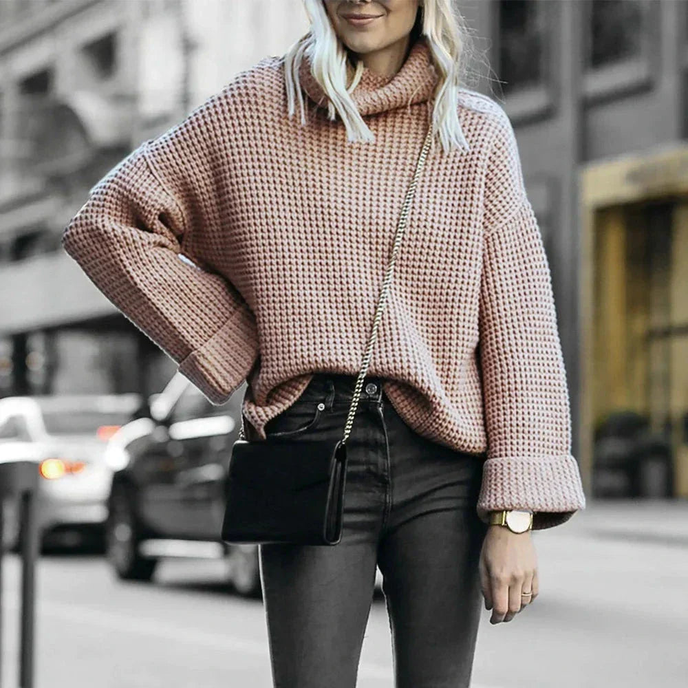 Women's beige waffle knit turtleneck sweater relaxed silhouette with draped wide sleeves