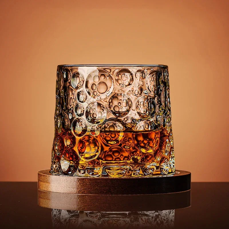 Helios crystal whiskey glasses set with ball base and wooden stand, elegant textured design