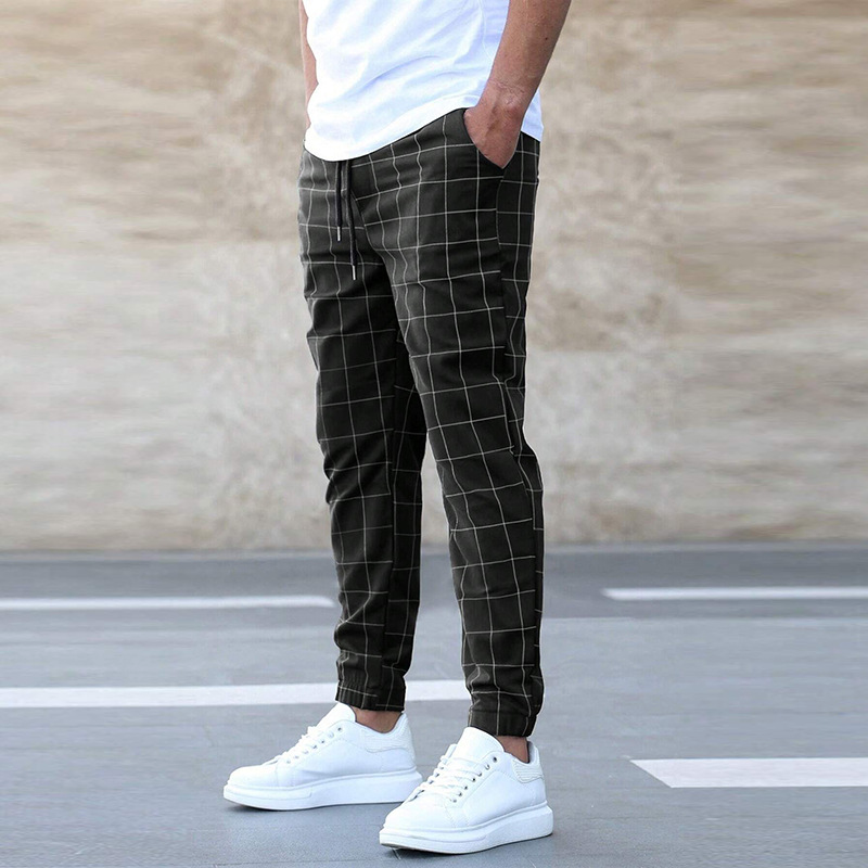 Men's plaid joggers modern fit casual pants with classic check pattern in neutral tones