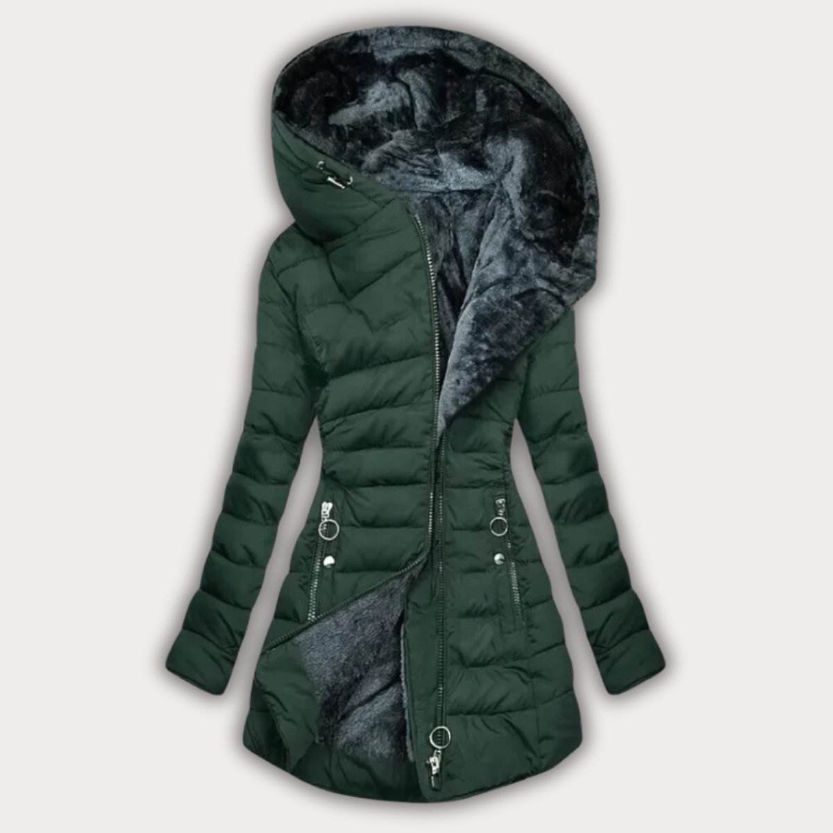 Women's black asymmetrical hooded puffer jacket with plush faux fur lining and modern zip closure
