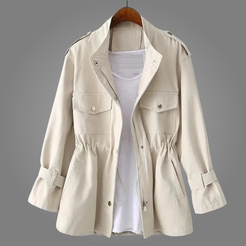 Olive green unisex lightweight utility jacket relaxed fit adjustable drawstring waist snap pockets