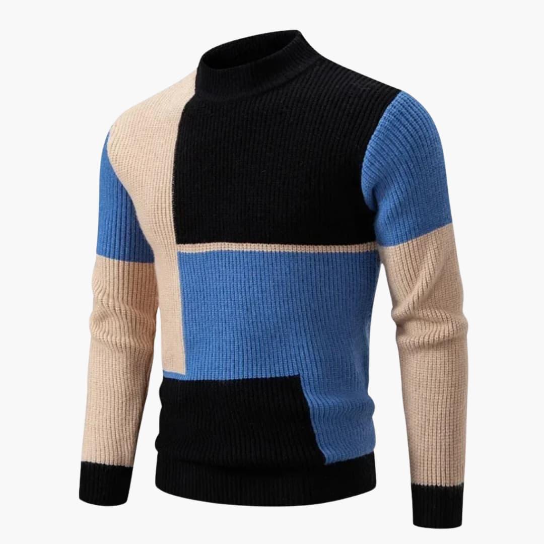 Men's colorblock knit sweater loose-fit silhouette in bold multicolor modern design for work or weekend