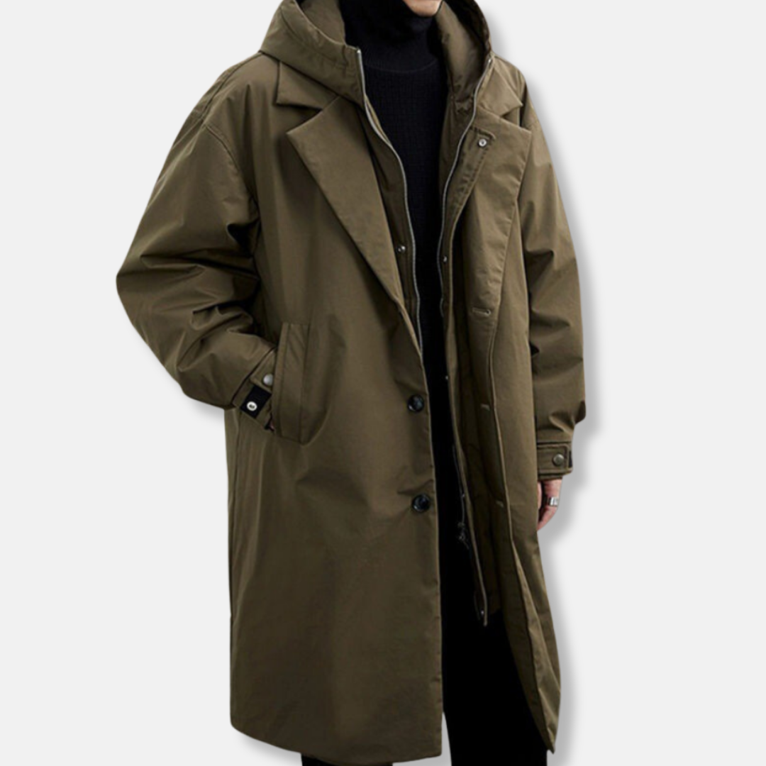 Men's oversized relaxed fit hooded coat mid-thigh length synthetic blend modern urban outerwear
