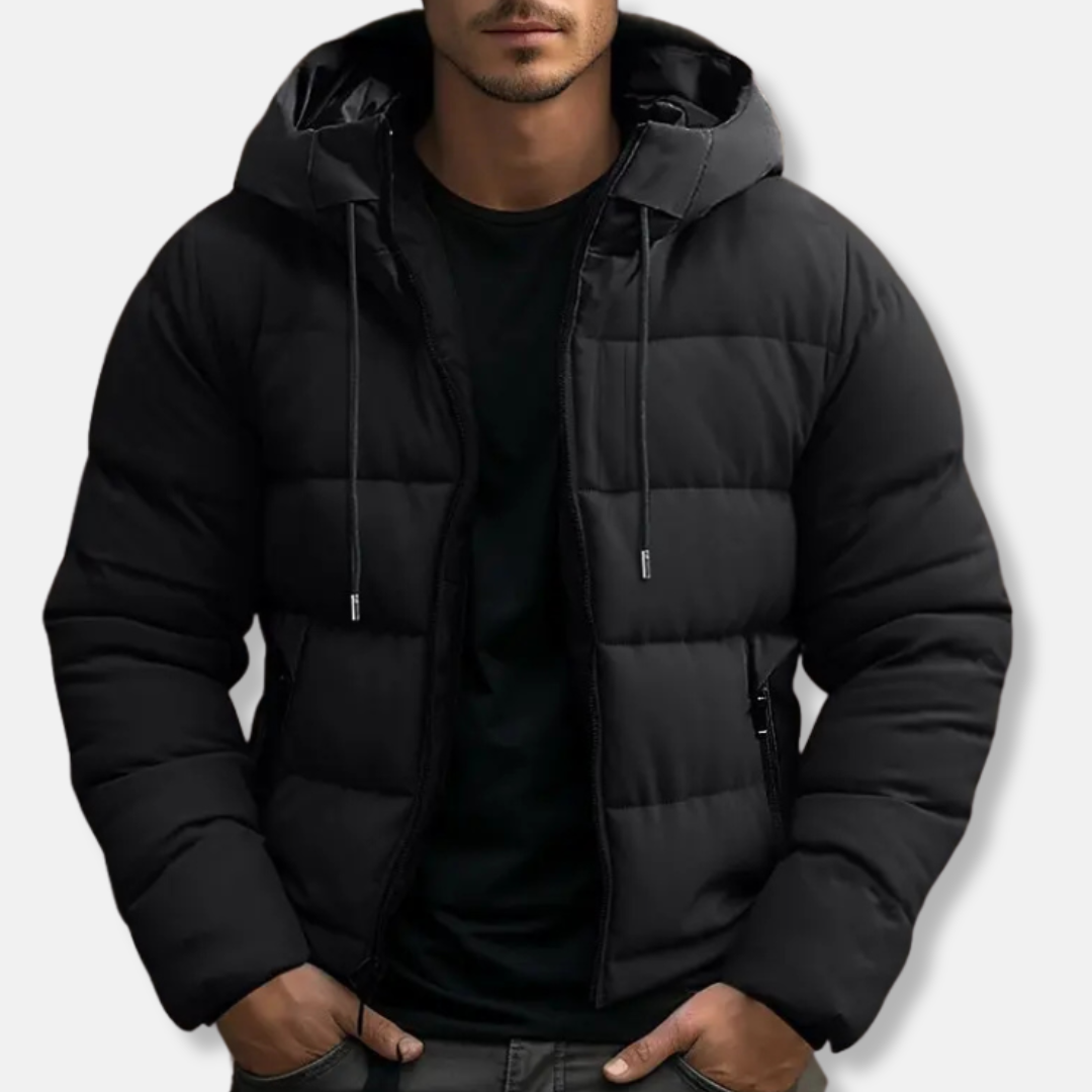Men's navy blue hooded puffer jacket regular fit with quilted design and zip closure