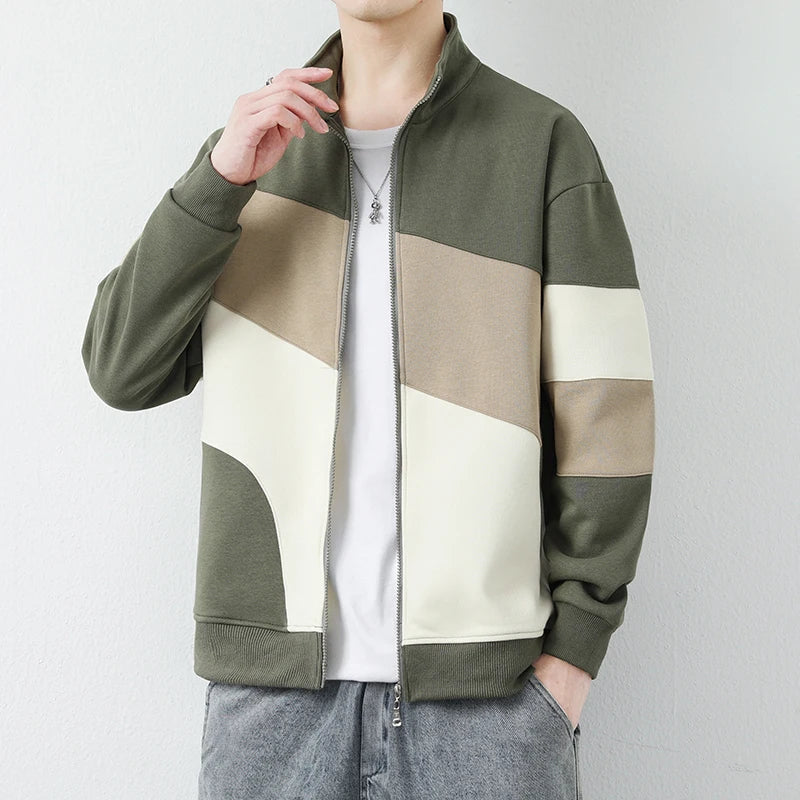 Unisex color block zip jacket geometric design mid-weight fabric full-zip modern fit