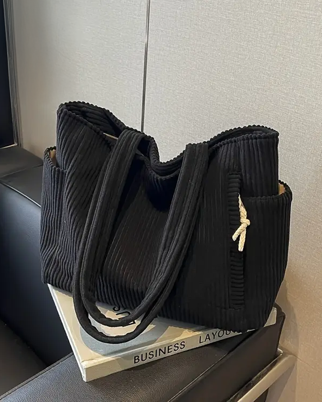 Aubrey corduroy tote bag for women, soft ribbed texture, roomy interior with side pocket