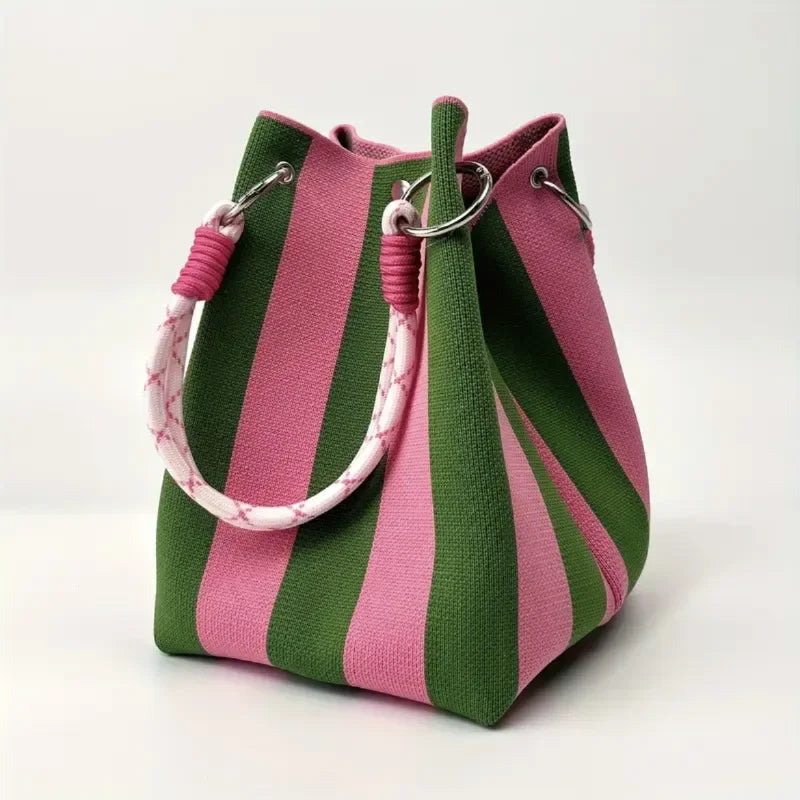 Moxie mini bucket bag durable canvas stripe patchwork padded rope handles magnetic closure city bag