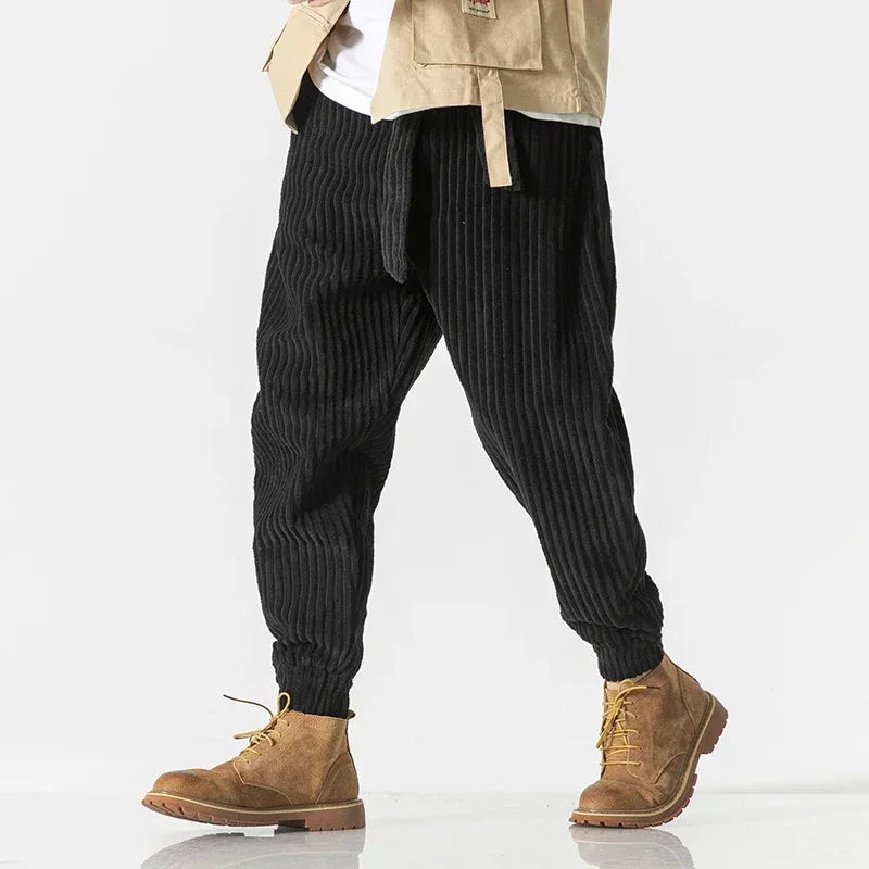 Men's beige corduroy jogger pants relaxed wide-leg fit ribbed texture streetwear essential