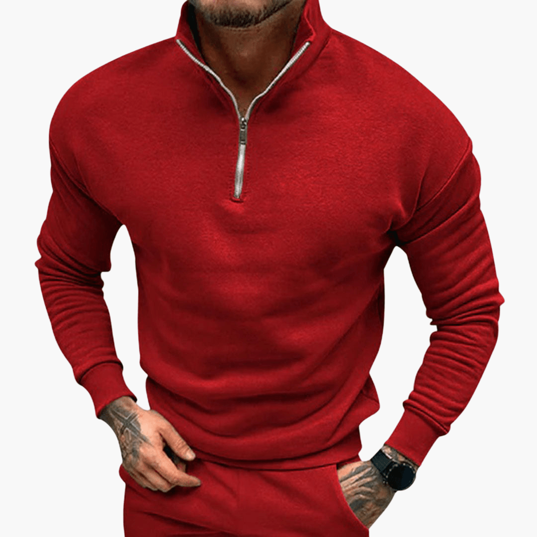 Men's slim-fit half-zip sweatshirt in neutral tone, versatile everyday layering piece for travel and casual wear