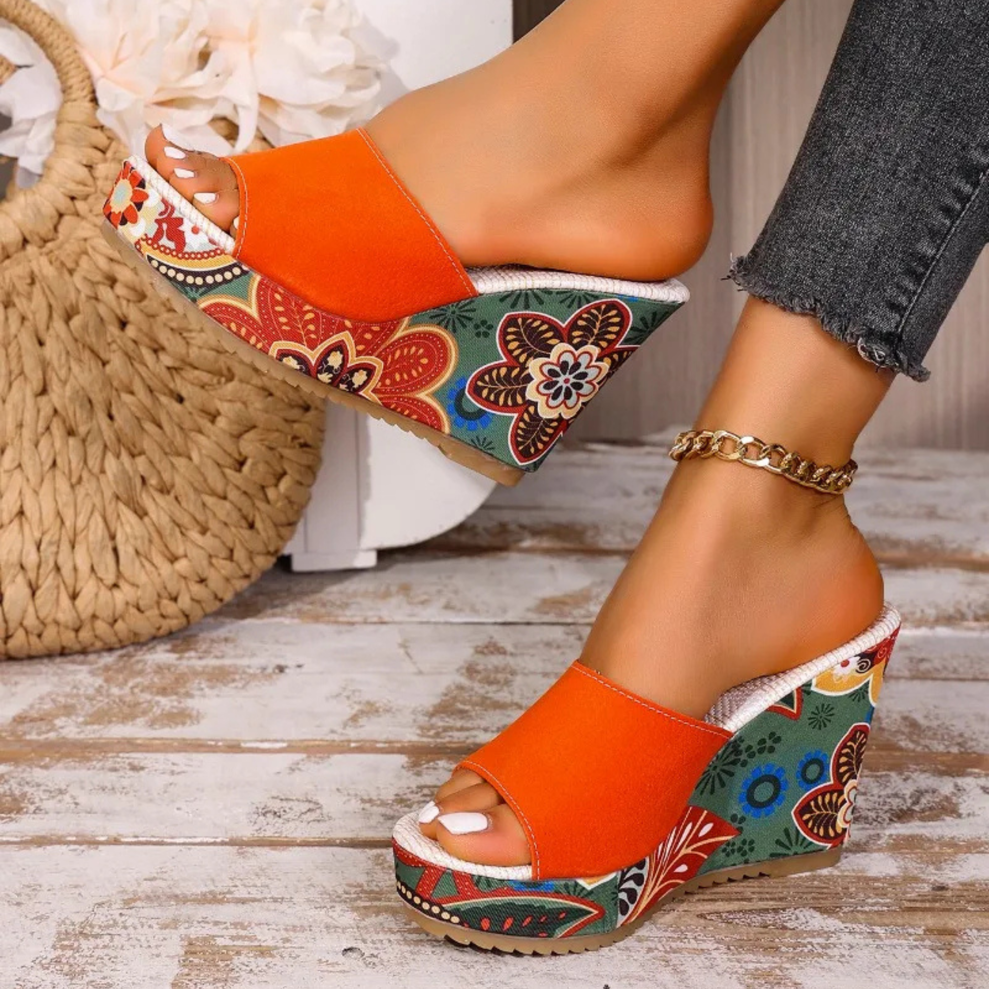 Women's bohemian velvet wedge sandal with floral-printed heel in luxurious plush texture
