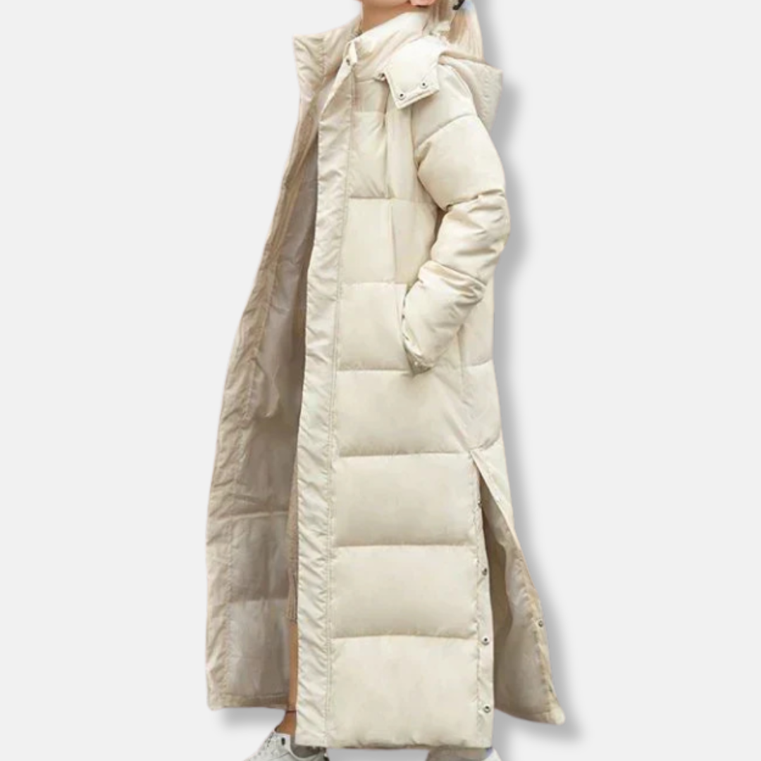 Women's full-length oversized quilted puffer coat with high collar hood, winter jacket