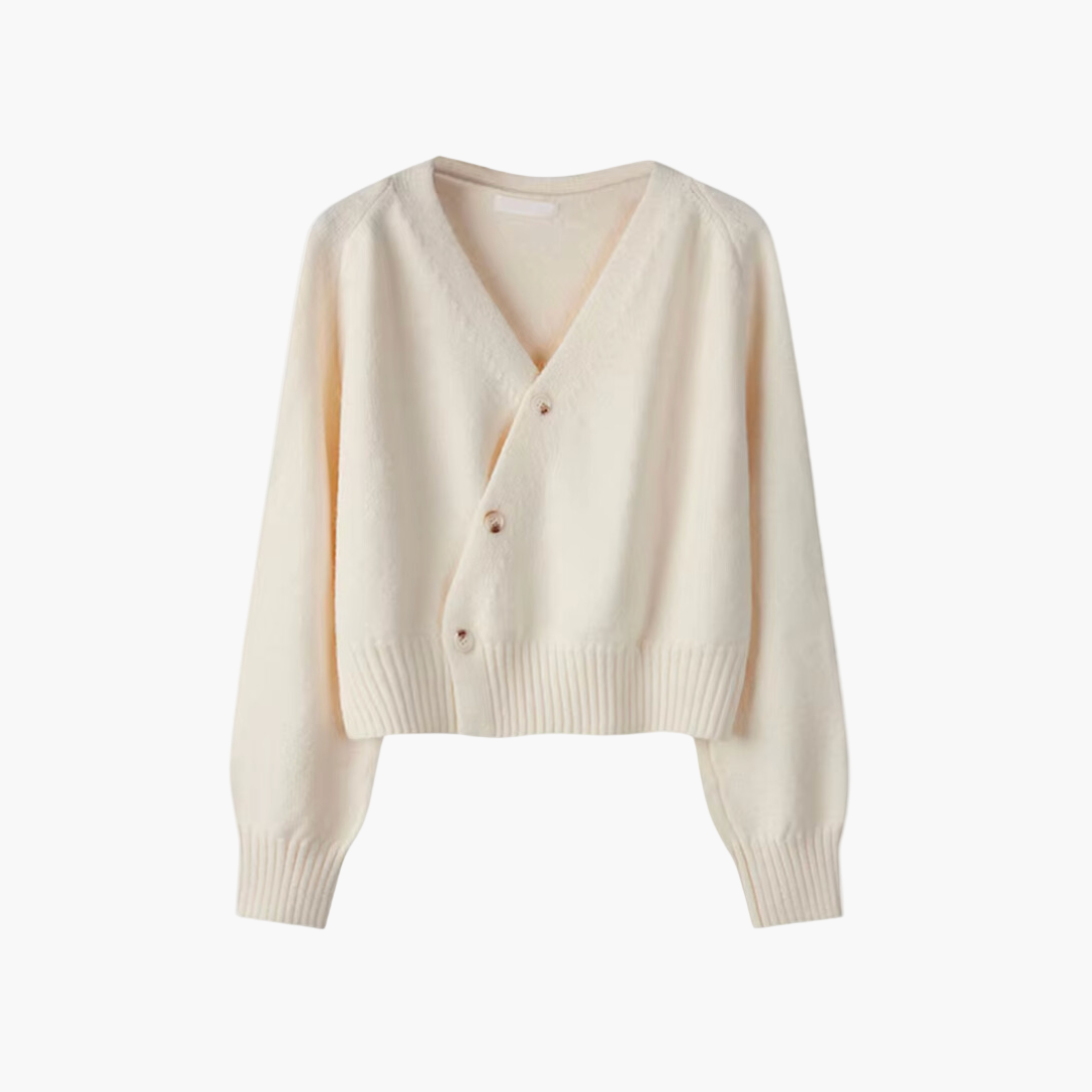 Women's chic V-neck cardigan with diagonal button placket, perfect for office casual everyday wear