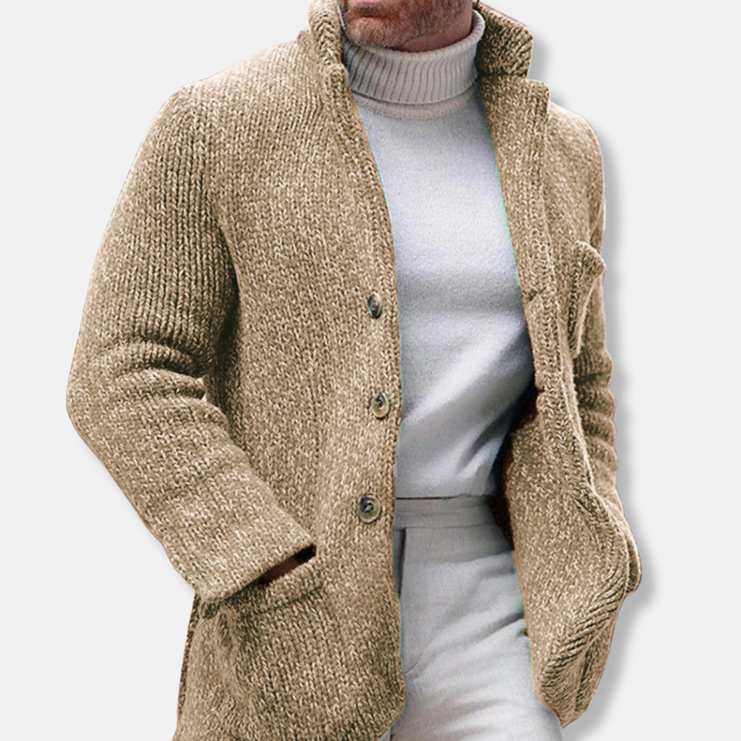 Men's textured knit cardigan stand collar single-breasted smart casual fall layer with patch pockets