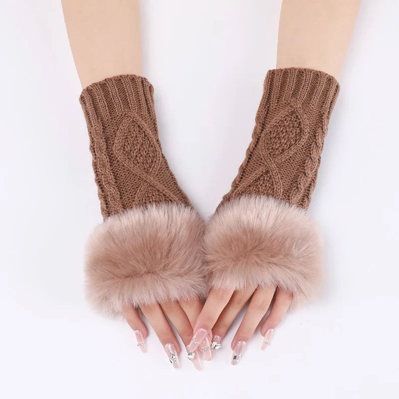 Ivory faux fur cable-knit fingerless cuffs with oversized plush trim, stretch-fit cold-weather design