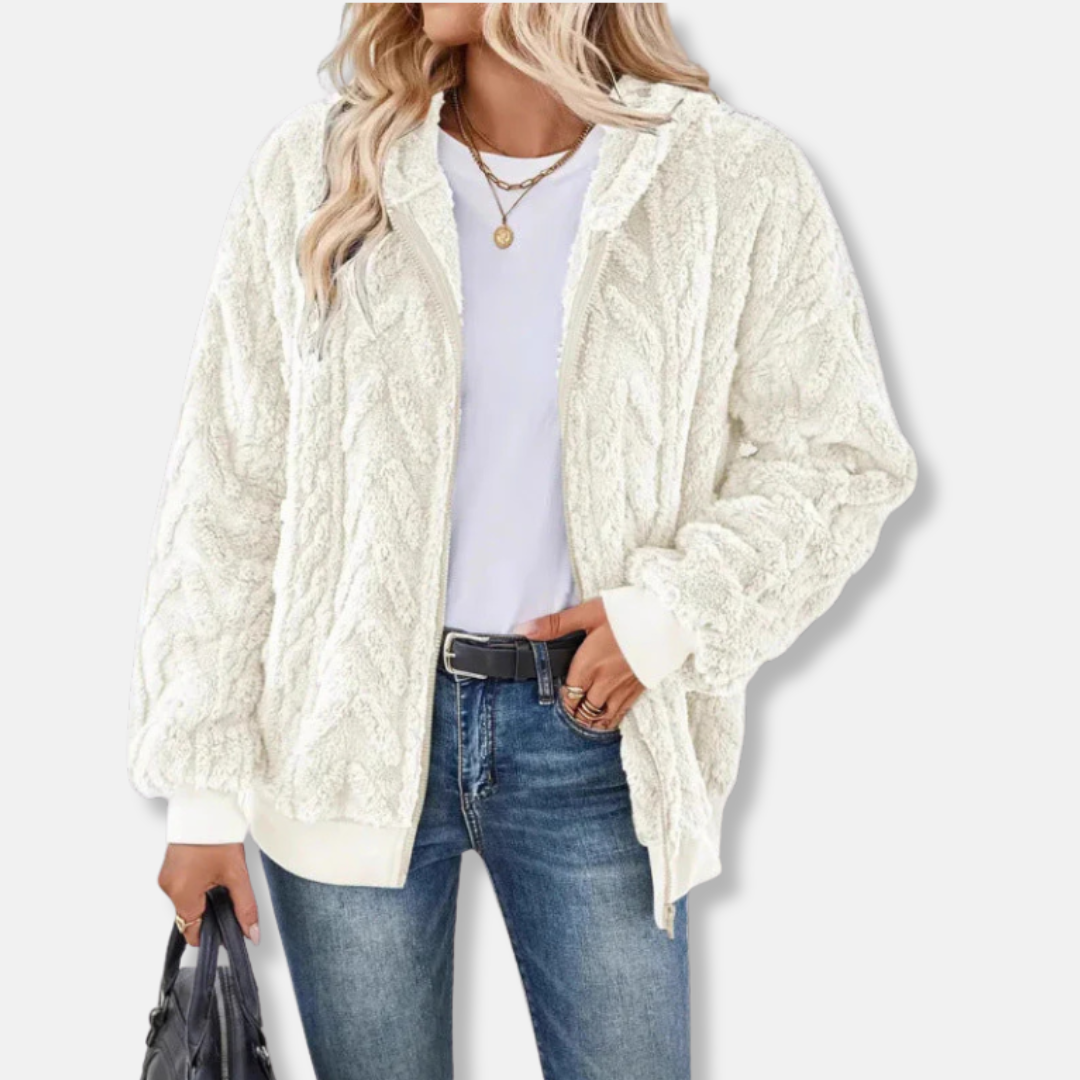 Women's oversized plush knit hooded jacket full zip relaxed fit cozy layering piece