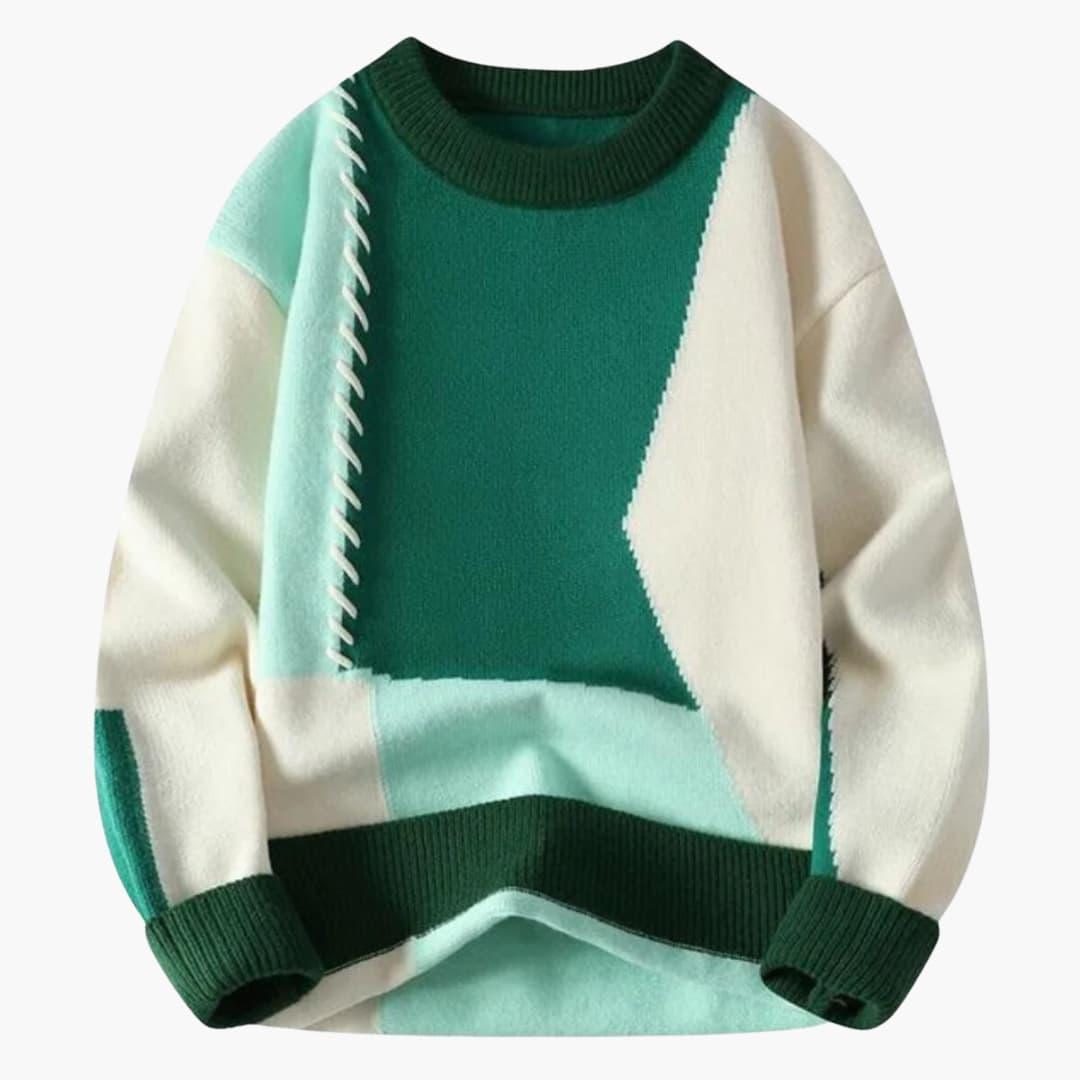 Men's multicolor patchwork knit sweater, color-blocked winter pullover with bold fashion-forward design