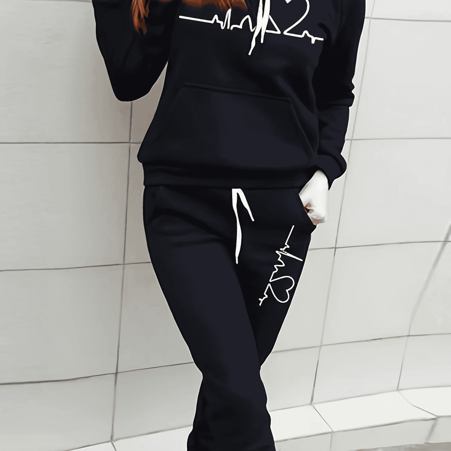Women's cozy heart print matching sweat set soft hoodie and joggers lounge comfort