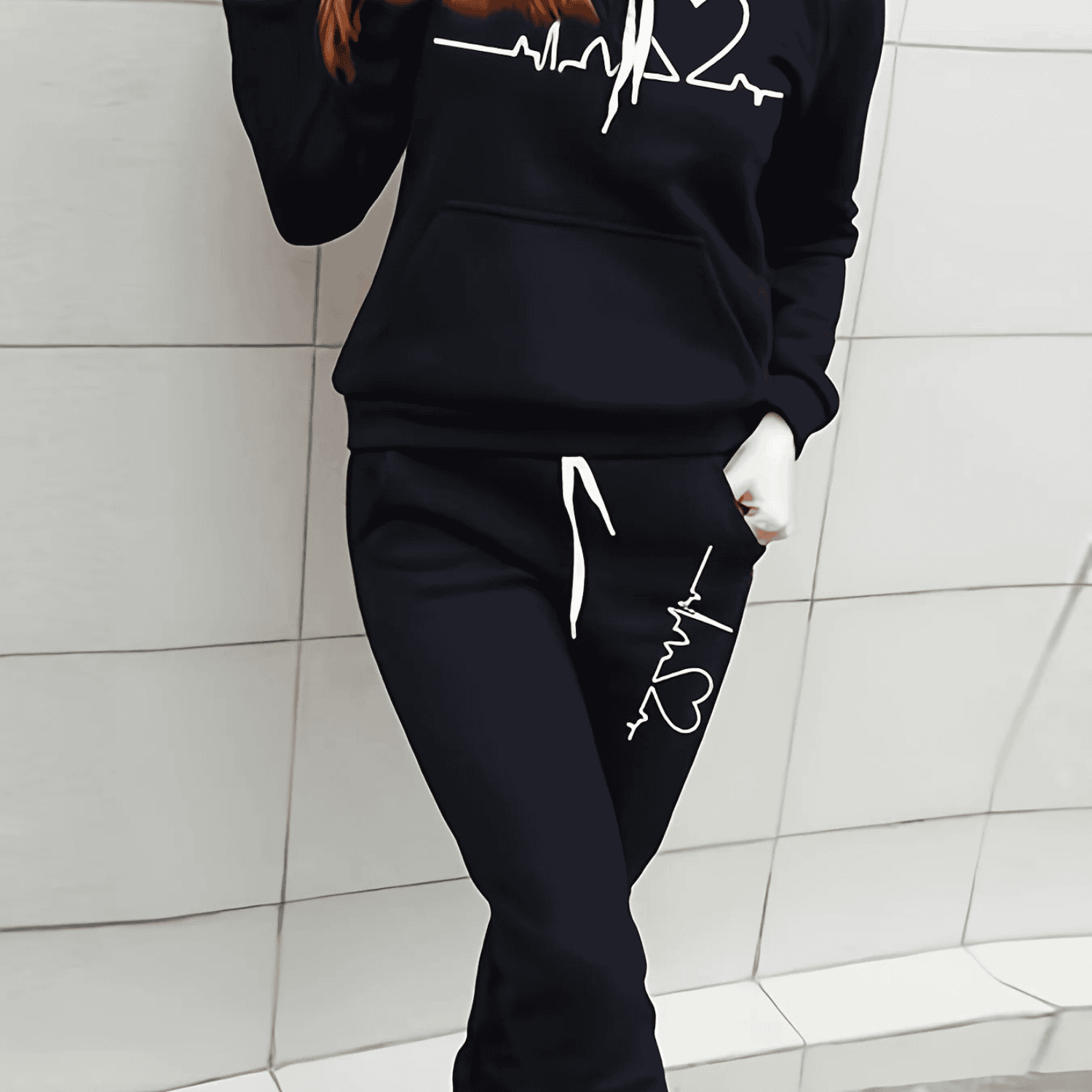 Women's cozy heart print matching sweat set soft hoodie and joggers lounge comfort