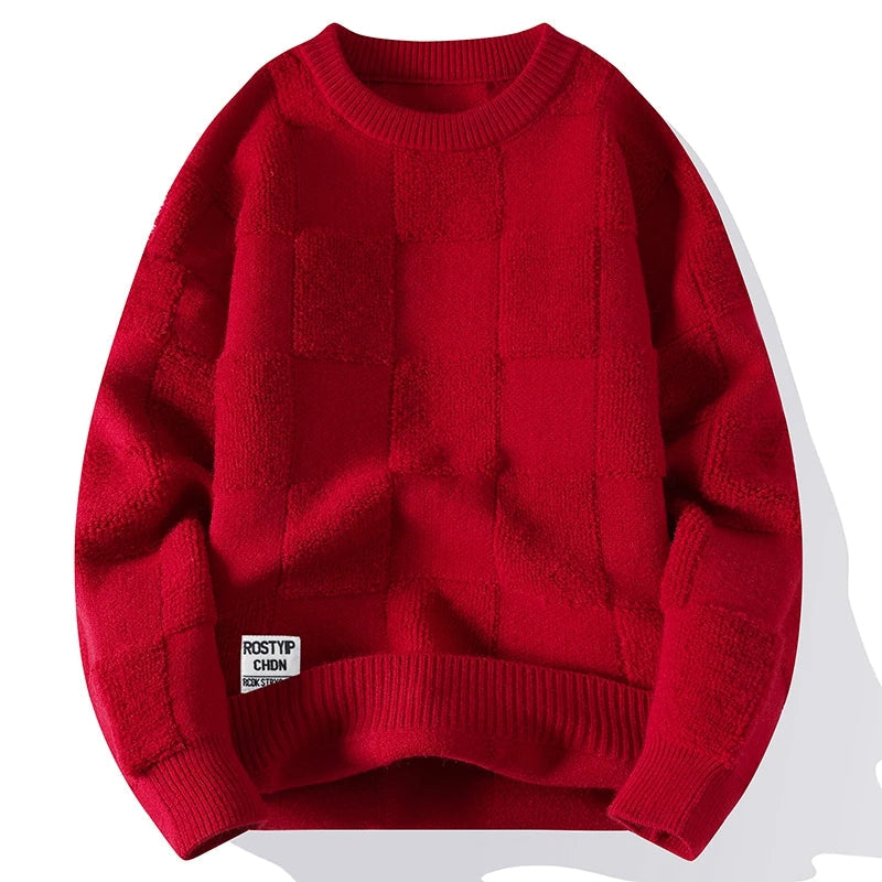 Men's slim-fit knitted wool sweater in neutral tone, modern cut for work and casual wear