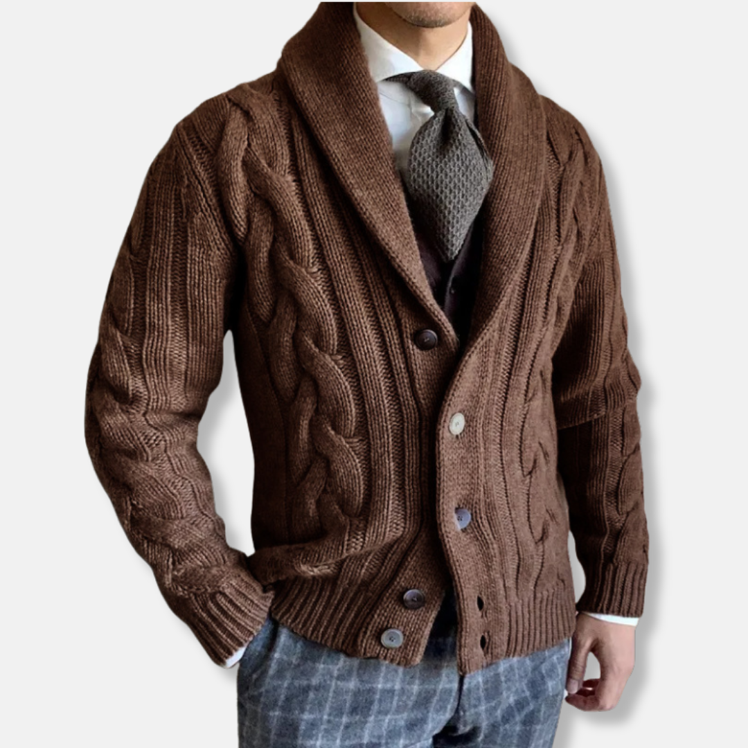 Men's wool cable knit cardigan regular fit with shawl collar in classic autumn tones