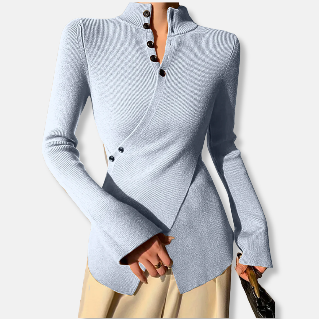 Women's slim fit high neck knit sweater asymmetric hem with button details long sleeves Nordic style