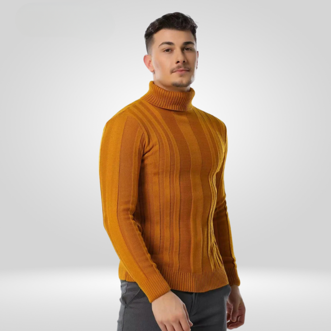 Men's ribbed turtleneck sweater slim fit structured silhouette versatile layering piece