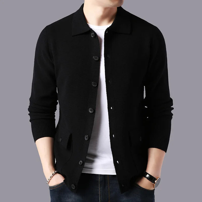 Varsity collared cardigan cotton blend with deep buttoned pockets, lightweight layering piece