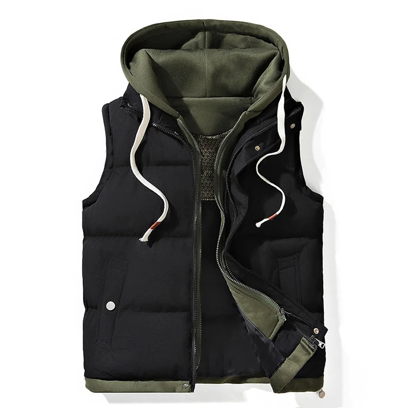 Navy blue hooded puffer vest soft shell zip-front gilet with contrast fleece-lined hood