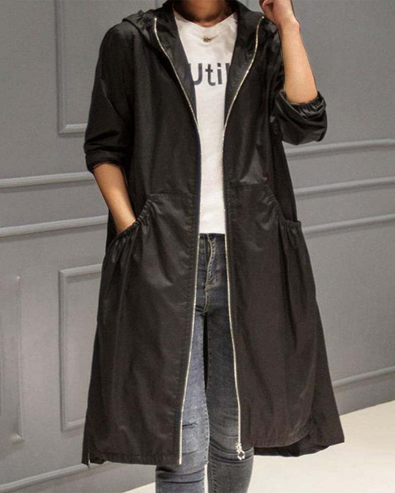 Women's charcoal long hooded jacket full-zip elongated silhouette for all-day layering versatility