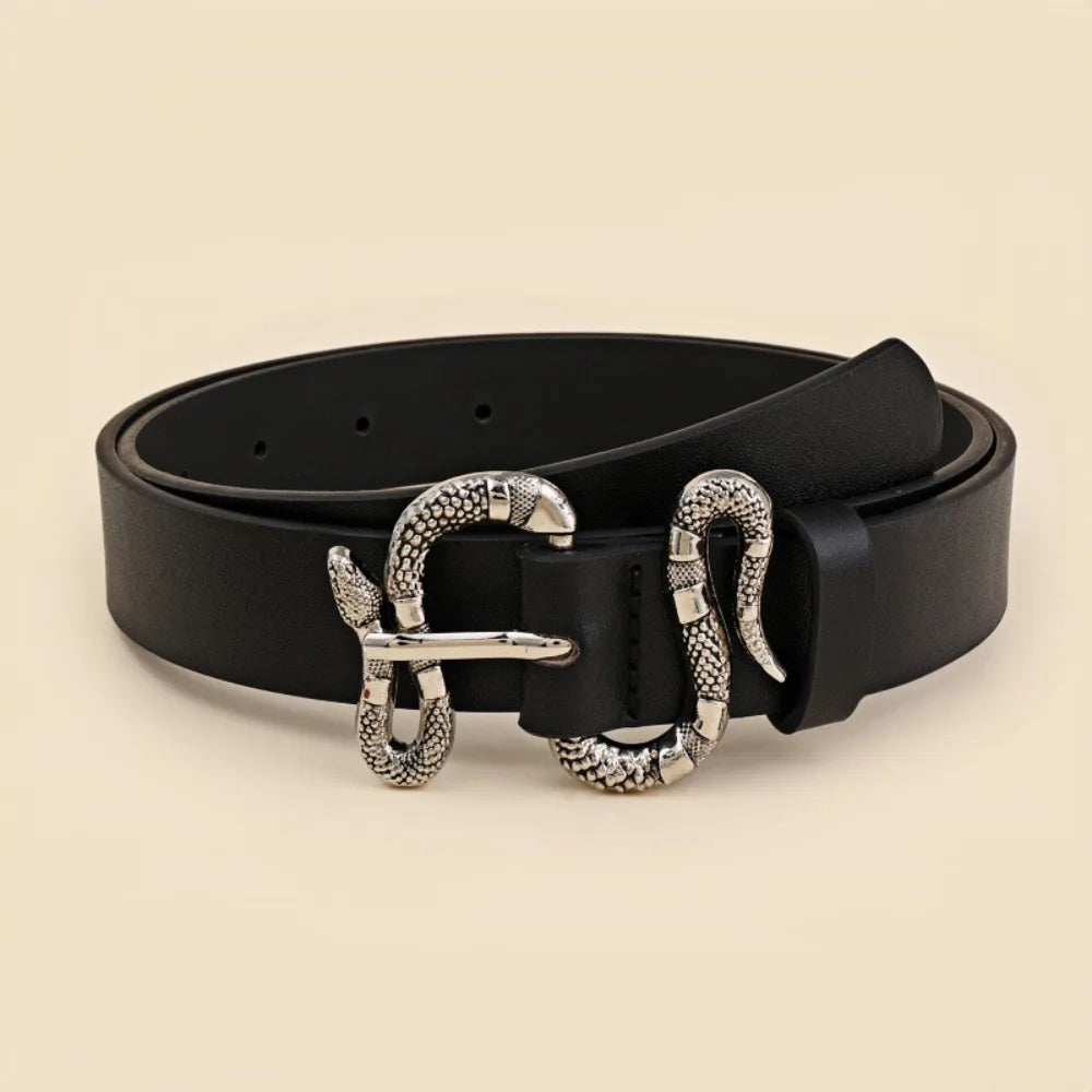 Black vegan leather waist belt with sculpted gold snake buckle, matte finish, women's statement accessory