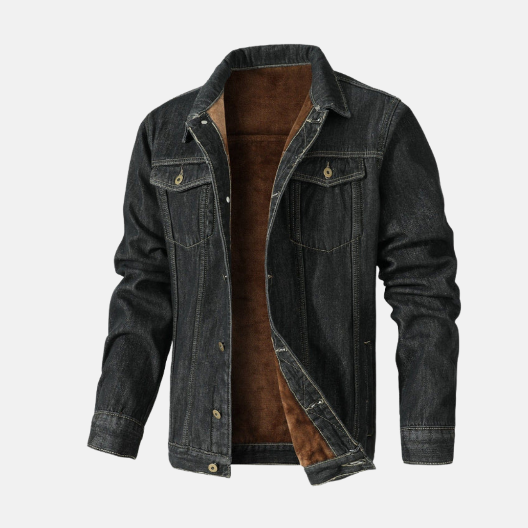 Men's waist-length denim jacket with sherpa lining, snap button closure, regular fit in classic blue
